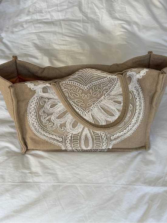 capri Handbags - Embroidered Tan Canvas Tote with White Detail